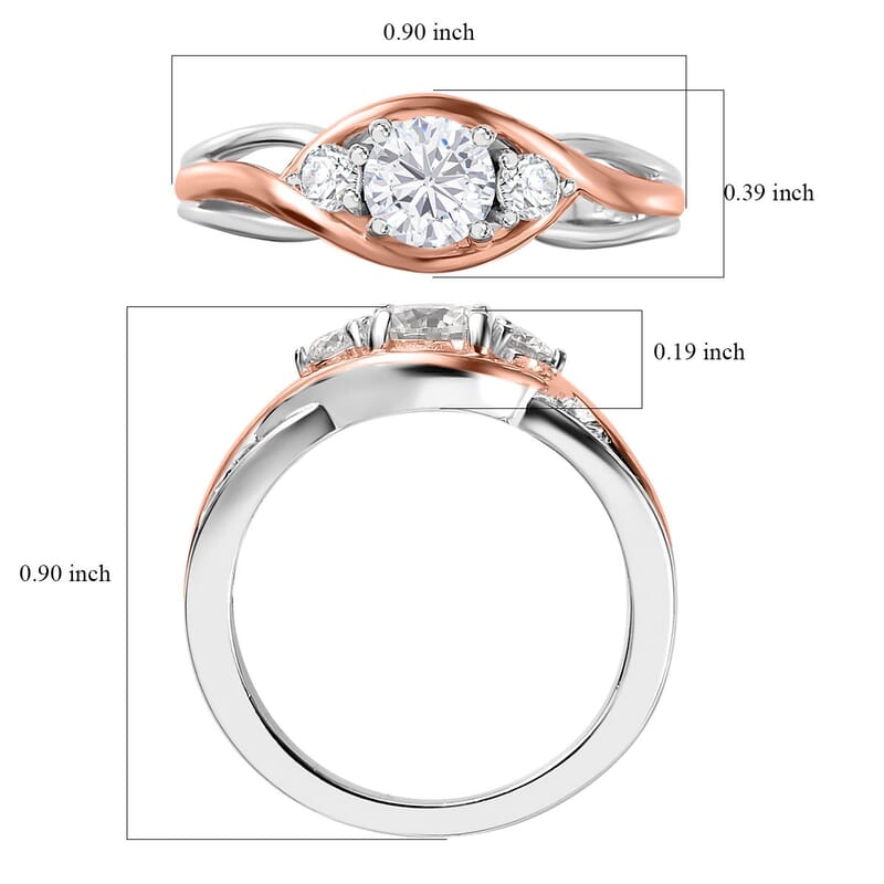 Moissanite 3 Stone Ring in 18K Vermeil RG and Rhodium Over Sterling Silver (Size 5.0) 0.55 ctw