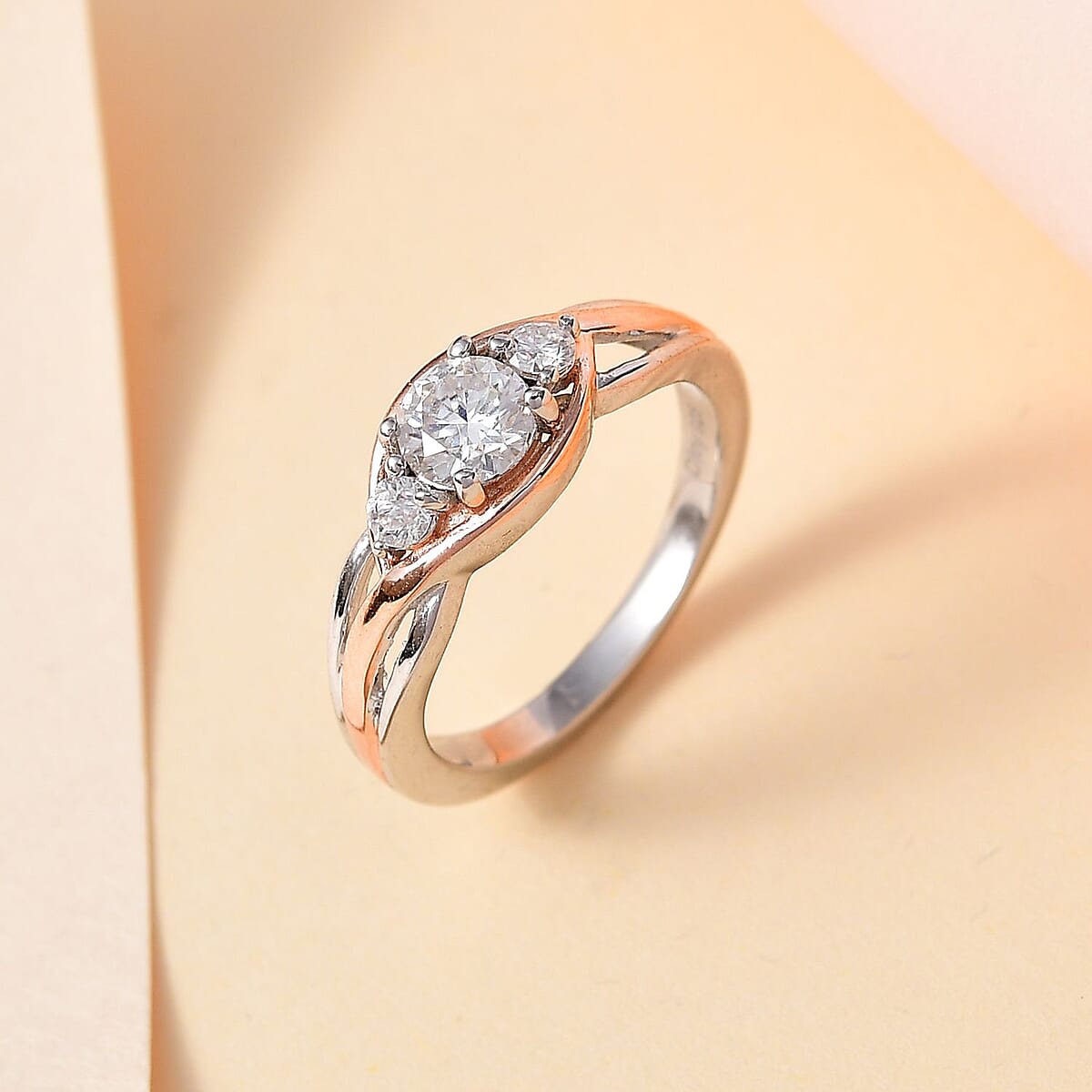 Moissanite 3 Stone Ring in 18K Vermeil RG and Rhodium Over Sterling Silver (Size 8.0) 0.55 ctw image number 1