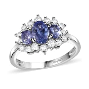 Tanzanite and White Zircon Ring in Rhodium Over Sterling Silver (Size 5.0) 1.30 ctw