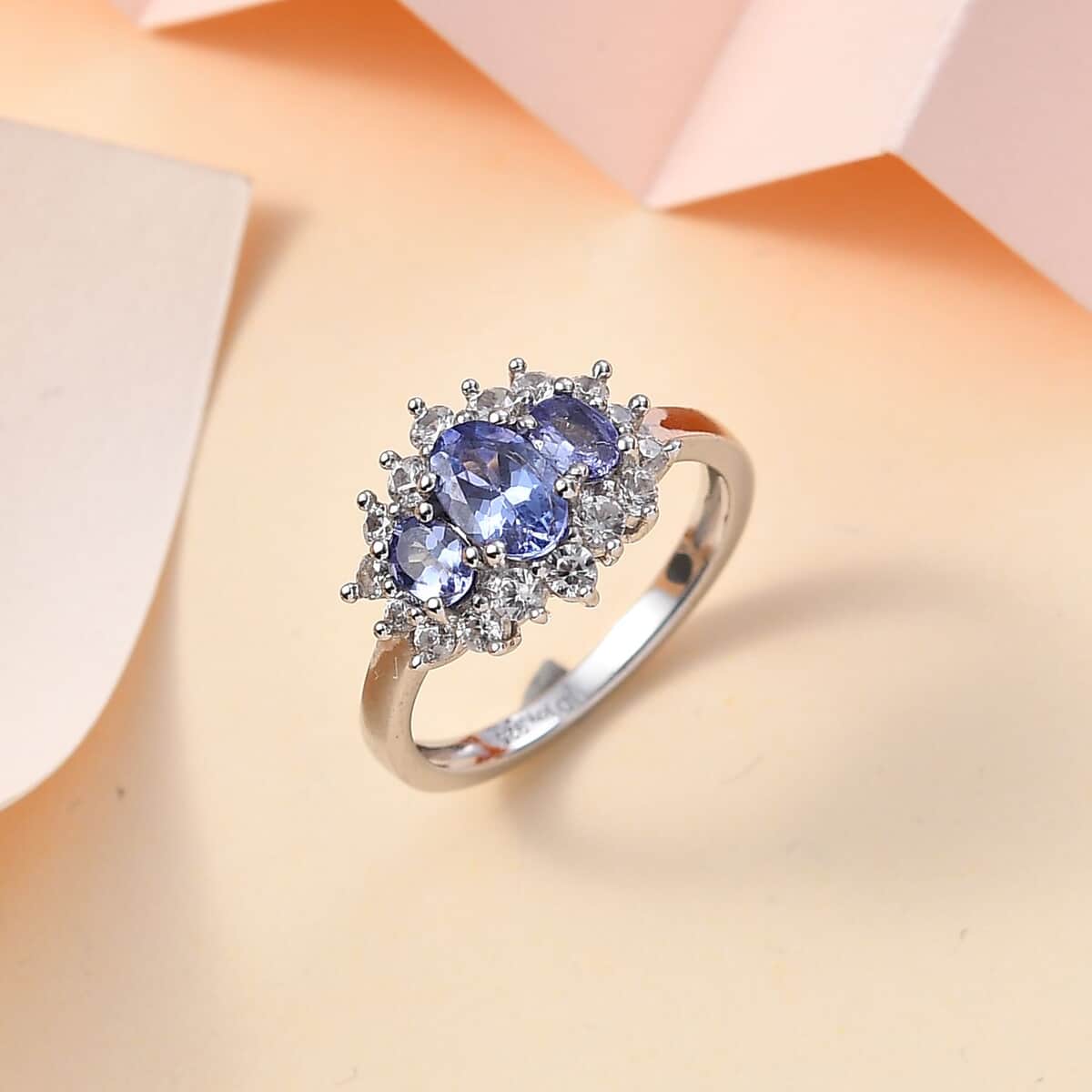Tanzanite and White Zircon Ring in Rhodium Over Sterling Silver (Size 5.0) 1.30 ctw image number 1