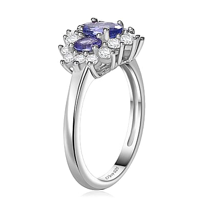 Tanzanite and White Zircon Ring in Rhodium Over Sterling Silver (Size 5.0) 1.30 ctw