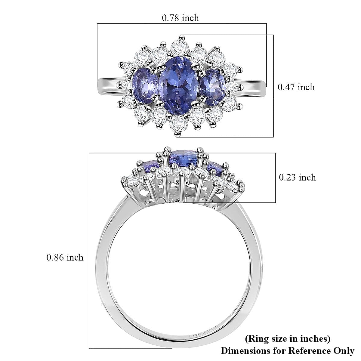 Tanzanite and White Zircon Ring in Rhodium Over Sterling Silver (Size 6.0) 1.30 ctw image number 5