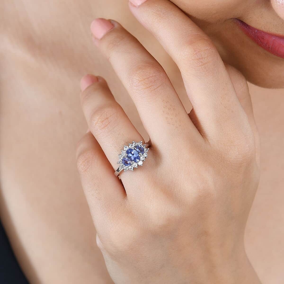 Tanzanite and White Zircon Ring in Rhodium Over Sterling Silver (Size 7.0) 1.30 ctw image number 2