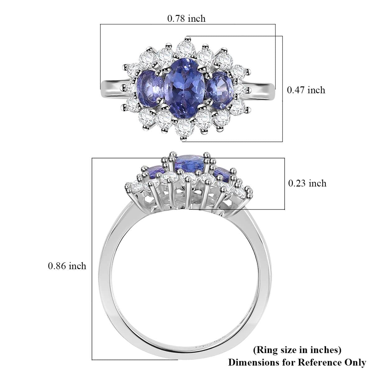 Tanzanite and White Zircon Ring in Rhodium Over Sterling Silver (Size 7.0) 1.30 ctw image number 5