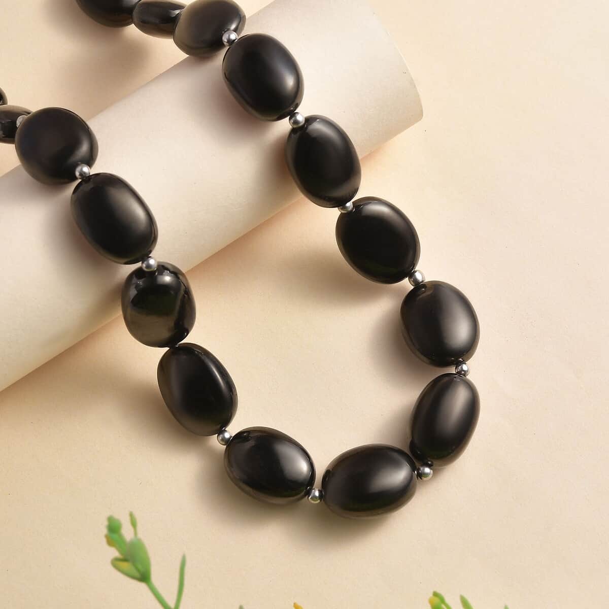 Elite Shungite Beaded Necklace 18-20 Inches in Rhodium Over Sterling Silver 135.00 ctw image number 1