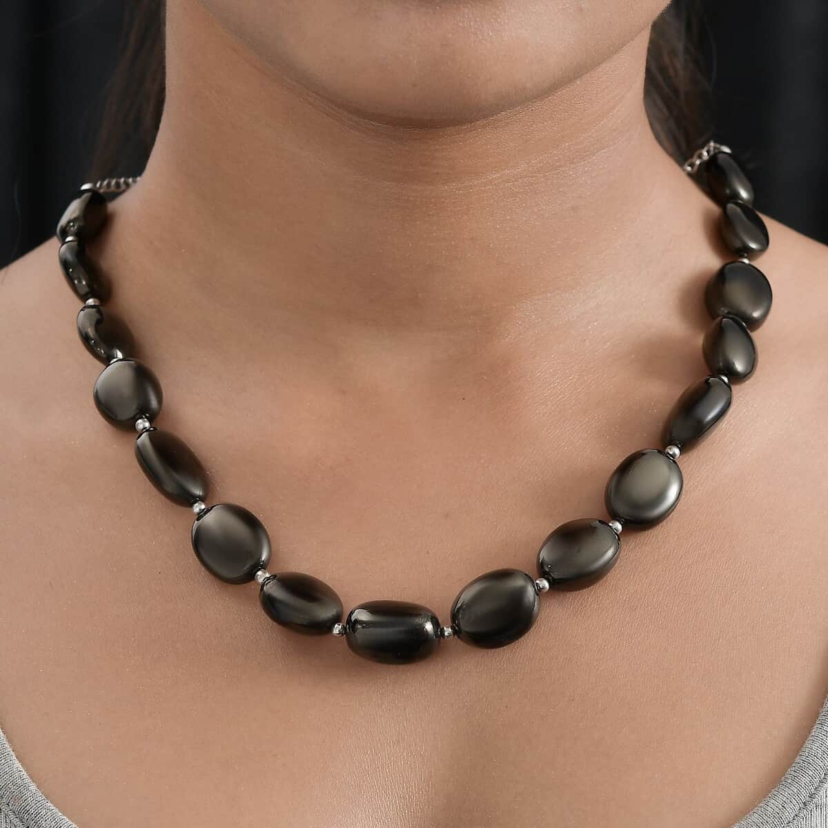 Elite Shungite Beaded Necklace 18-20 Inches in Rhodium Over Sterling Silver 135.00 ctw image number 2