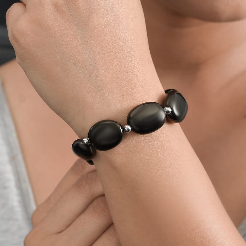 Elite Shungite Beaded Bracelet in Rhodium Over Sterling Silver (7.25-9.25In) 60.00 ctw