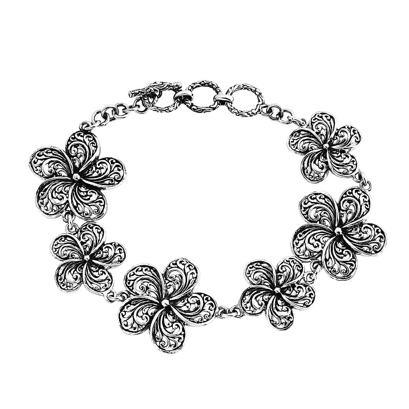 Bali Legacy Frangipani Flower Bracelet in Sterling Silver (8.00 In) 16.50 Grams