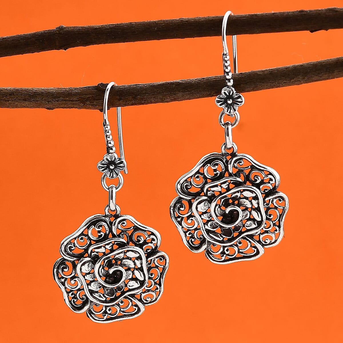 Bali Legacy Rose Flower Earrings in Sterling Silver 6.65 Grams image number 1