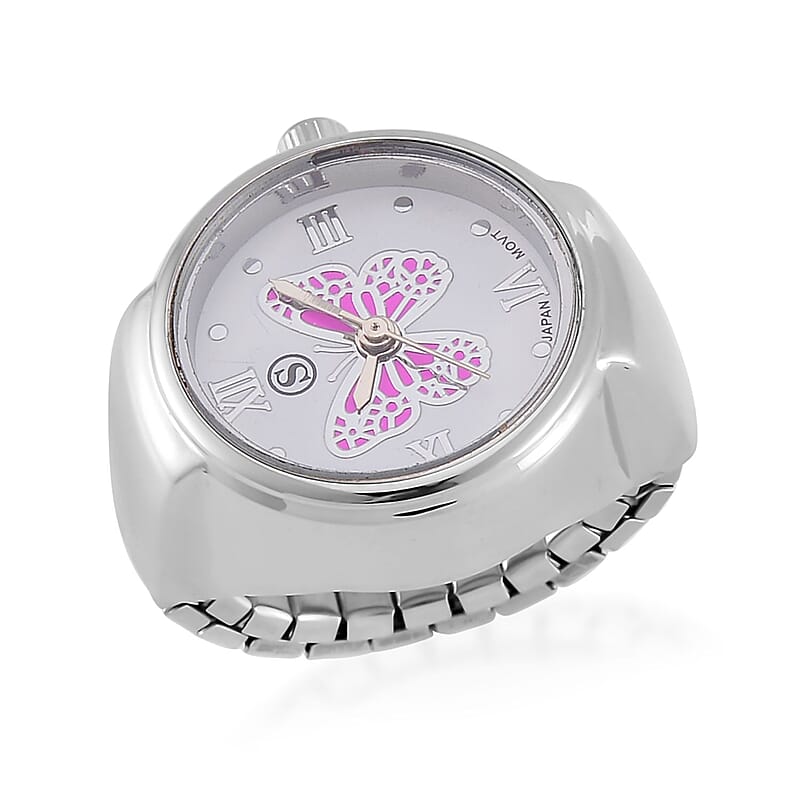 Strada Japanese Movement Fuchsia Butterfly Ring Watch in Stainless Steel (Size 5-7)