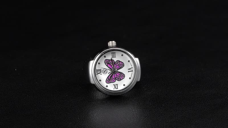Strada Japanese Movement Fuchsia Butterfly Ring Watch in Stainless Steel (Size 5-7)