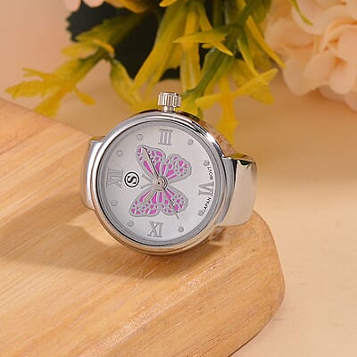 Strada Japanese Movement Fuchsia Butterfly Ring Watch in Stainless Steel (Size 5-7)