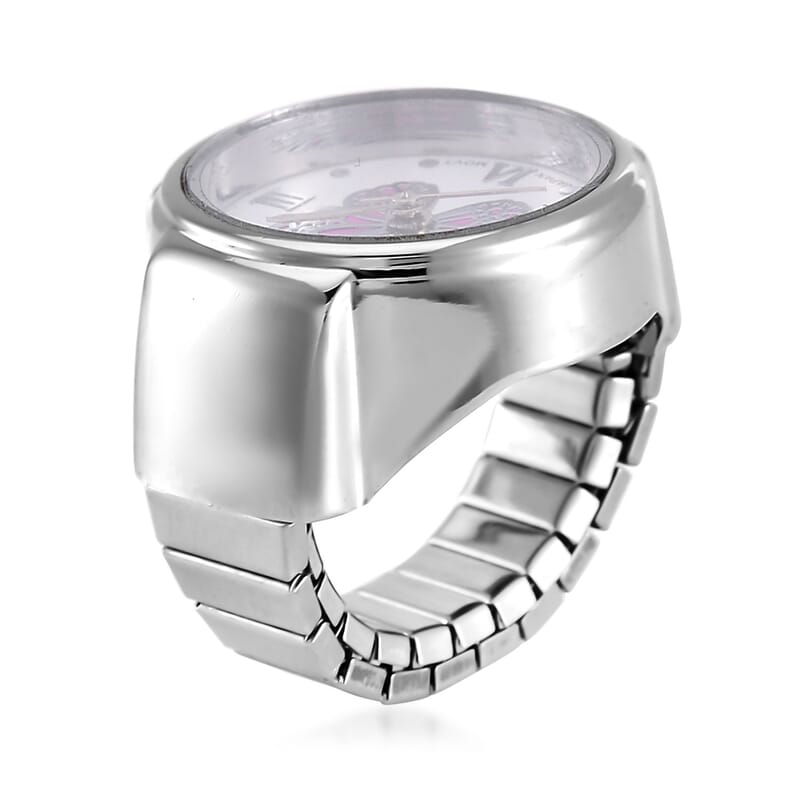 Strada Japanese Movement Fuchsia Butterfly Ring Watch in Stainless Steel (Size 5-7)