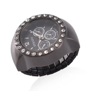 Ankur's Treasure Chest Strada Austrian Crystal Japanese Movement Ring Watch in ION Plated Black Stainless Steel (Size 5-7)