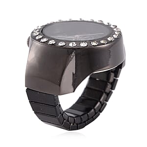 Strada Austrian Crystal Japanese Movement Ring Watch in ION Plated Black Stainless Steel (Size 5-7)