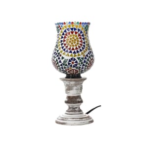 Yellow and Multi Color Mosaic Glass Lamp with Handcarved Wooden Base