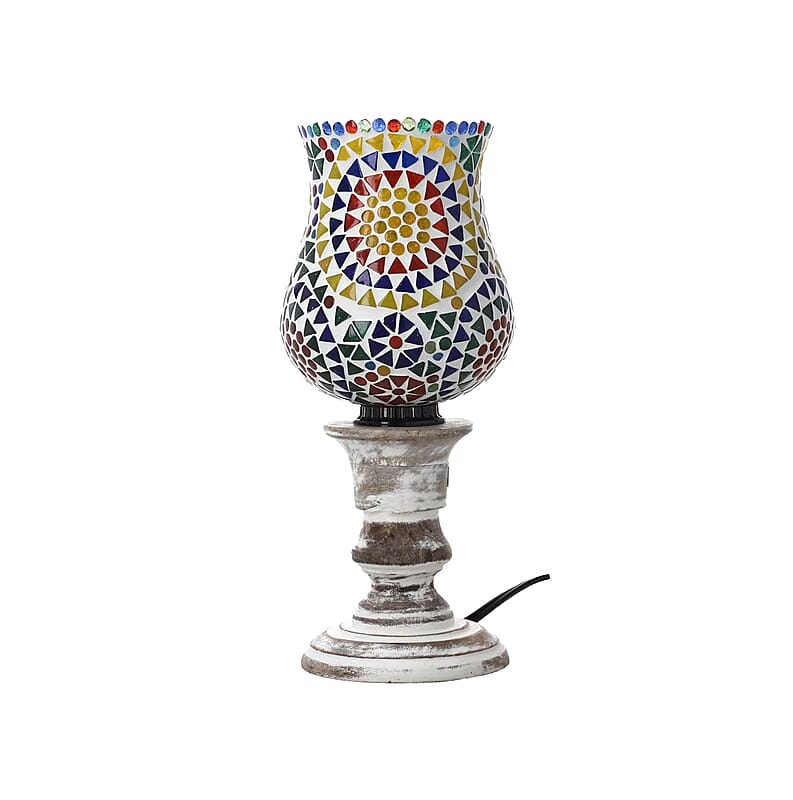 Yellow and Multi Color Mosaic Glass Lamp with Handcarved Wooden Base