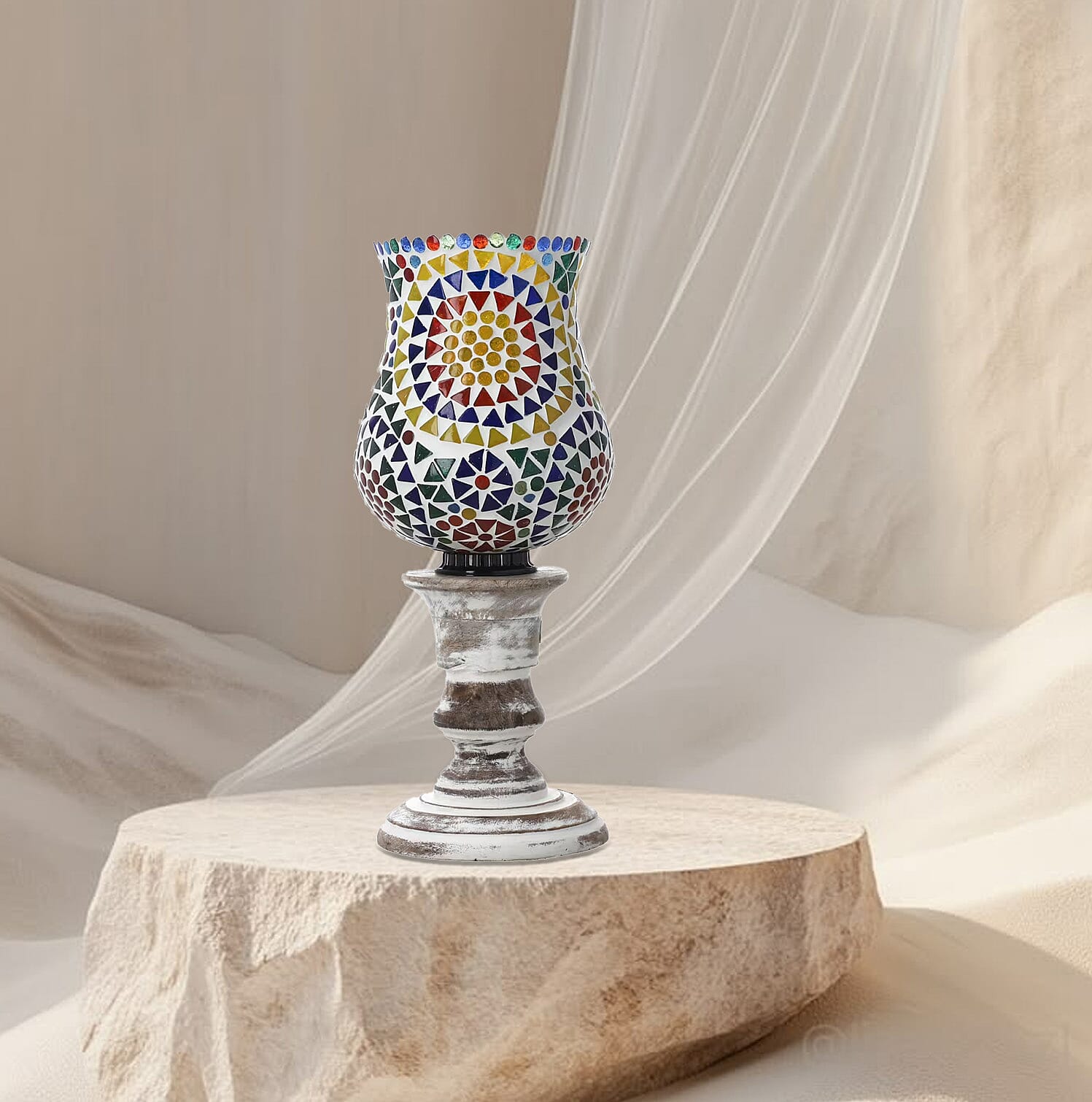 Yellow and Multi Color Mosaic Glass Lamp with Handcarved Wooden Base