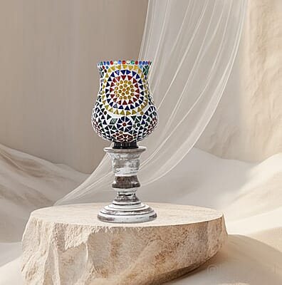 Yellow and Multi Color Mosaic Glass Lamp with Handcarved Wooden Base