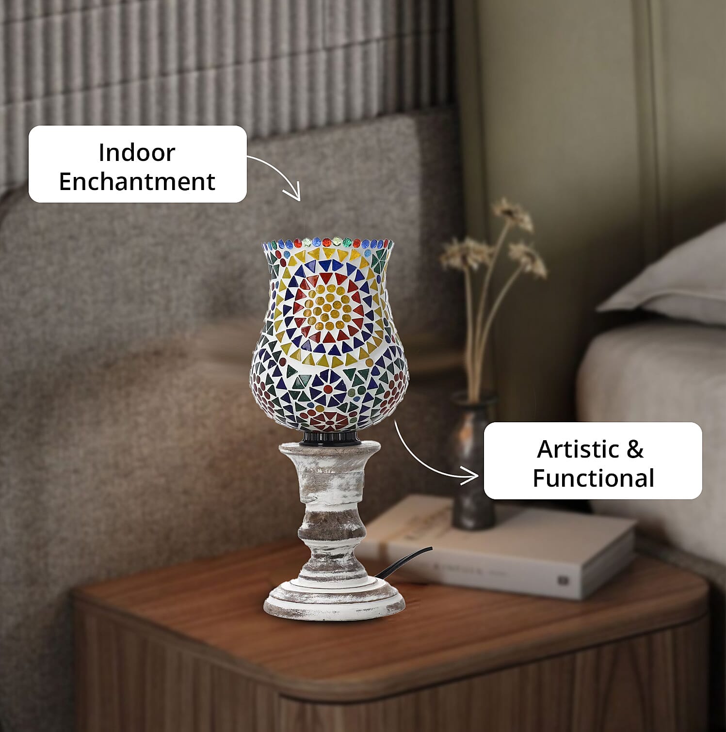 Yellow and Multi Color Mosaic Glass Lamp with Handcarved Wooden Base
