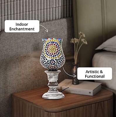 Yellow and Multi Color Mosaic Glass Lamp with Handcarved Wooden Base