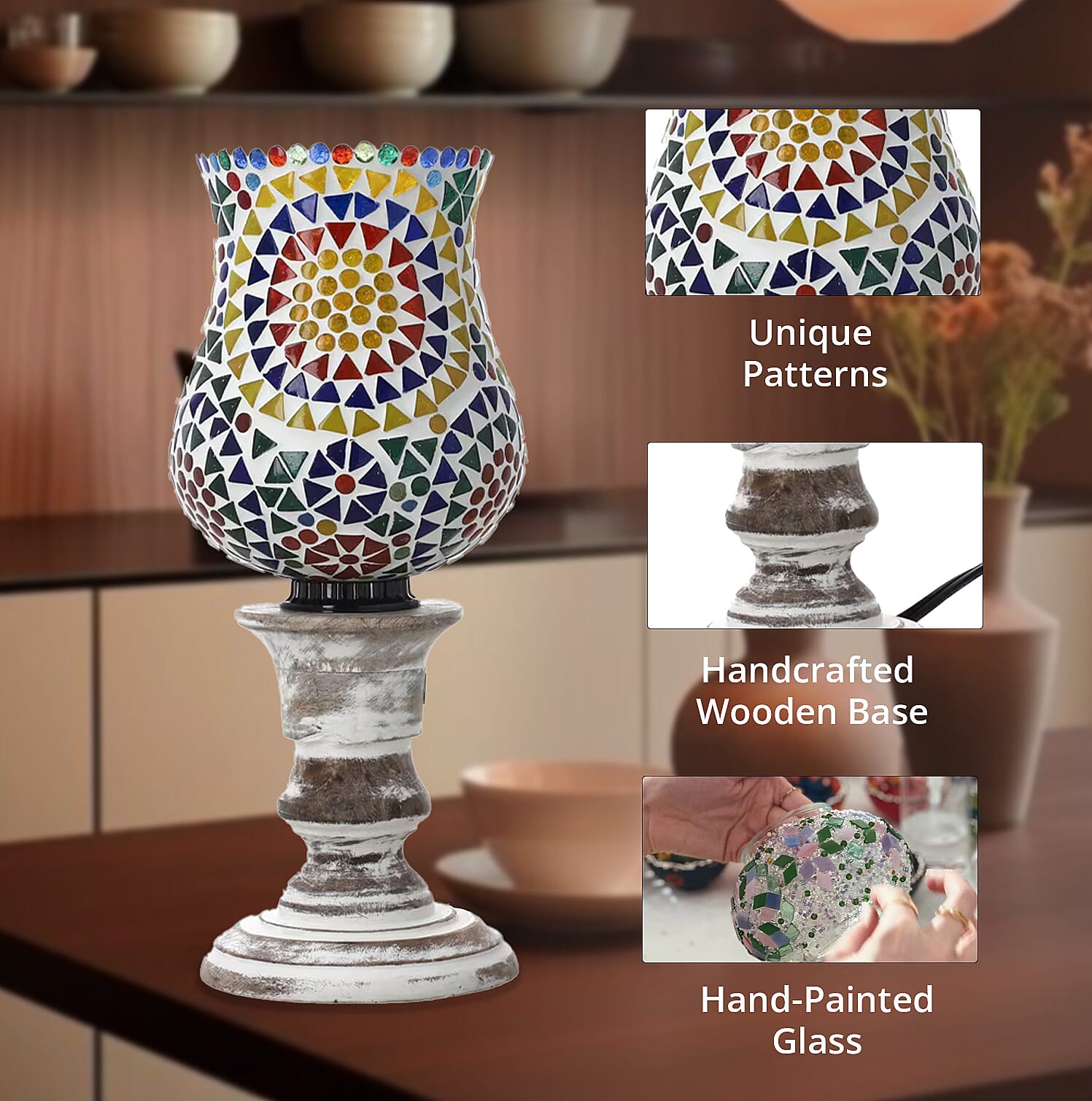 Yellow and Multi Color Mosaic Glass Lamp with Handcarved Wooden Base