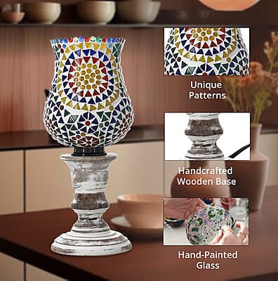 Yellow and Multi Color Mosaic Glass Lamp with Handcarved Wooden Base