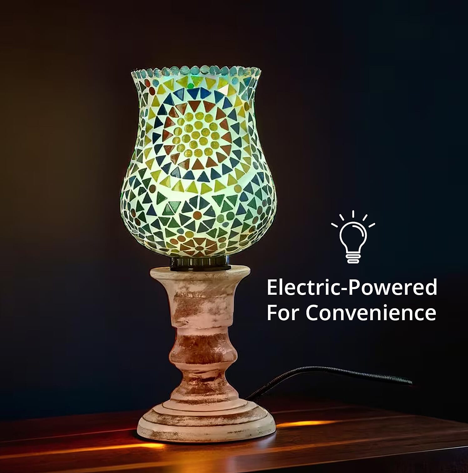Yellow and Multi Color Mosaic Glass Lamp with Handcarved Wooden Base