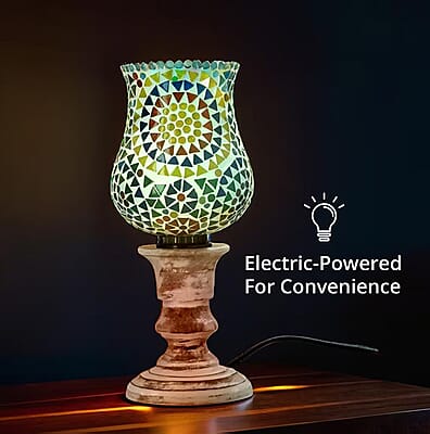 Yellow and Multi Color Mosaic Glass Lamp with Handcarved Wooden Base