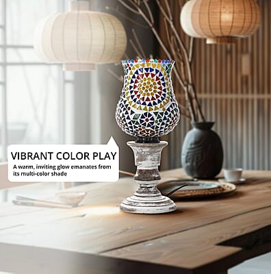Yellow and Multi Color Mosaic Glass Lamp with Handcarved Wooden Base