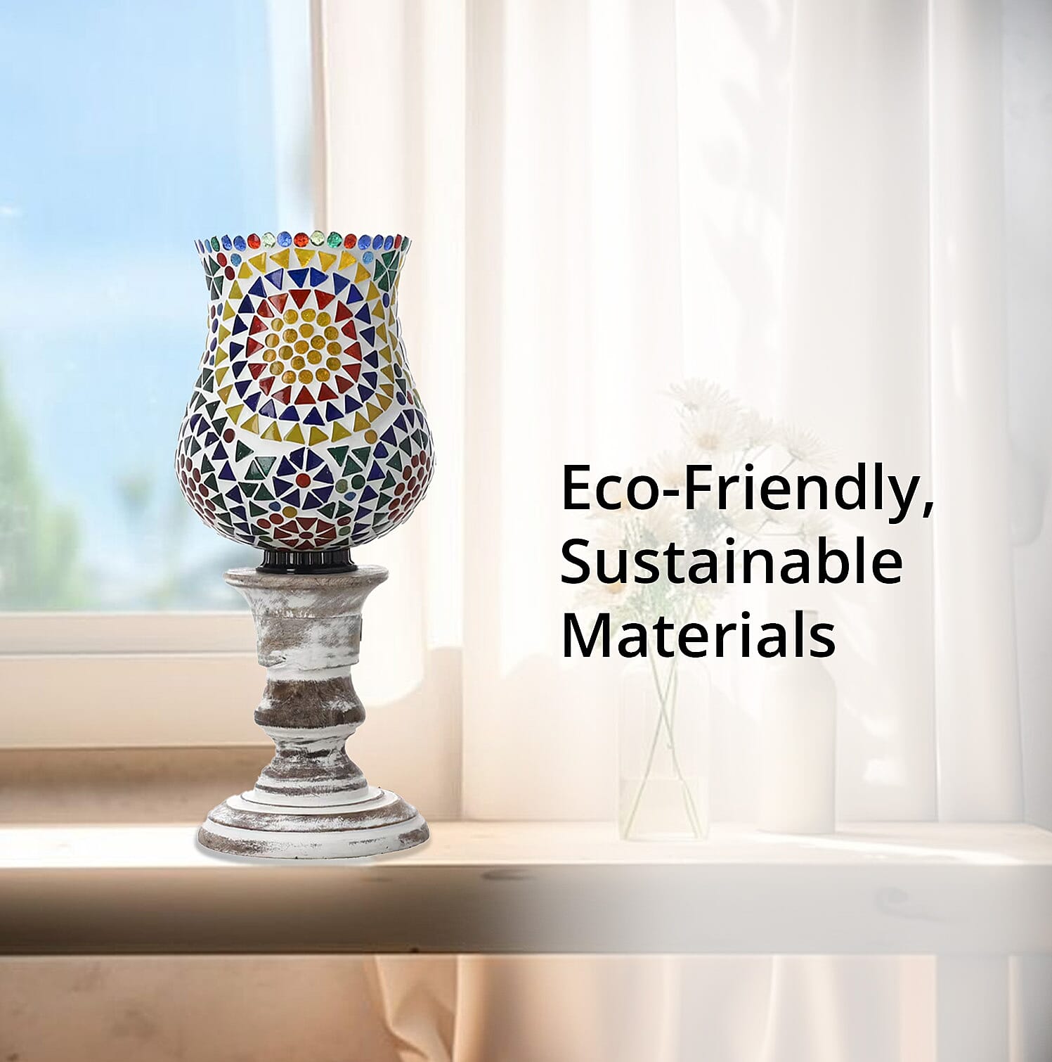 Yellow and Multi Color Mosaic Glass Lamp with Handcarved Wooden Base