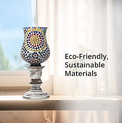 Yellow and Multi Color Mosaic Glass Lamp with Handcarved Wooden Base