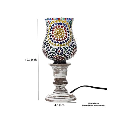 Yellow and Multi Color Mosaic Glass Lamp with Handcarved Wooden Base