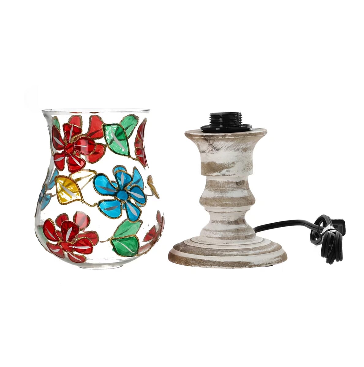 Red and Multi Color Clover Leaf Mosaic Glass Lamp with Handcarved Wooden Base image number 8