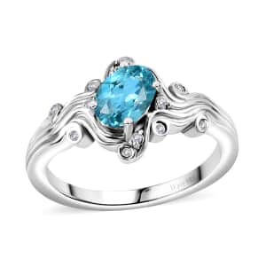Betroka Blue Apatite and White Zircon Ocean Wave Ring in Rhodium Over Sterling Silver (Size 5.0) 0.90 ctw