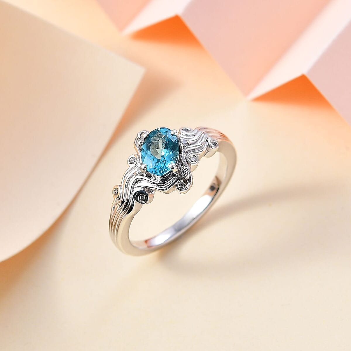 Betroka Blue Apatite, White Zircon Ocean Wave Ring in Rhodium Over Sterling Silver (Size 5.0) 0.90 ctw image number 1