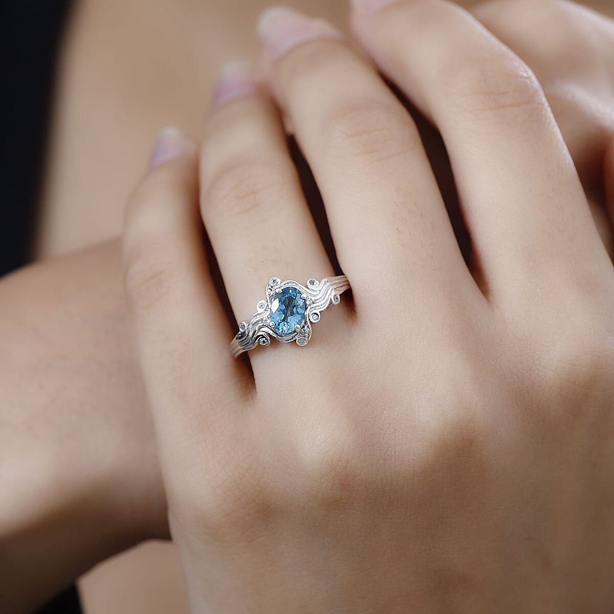 Betroka Blue Apatite, White Zircon Ocean Wave Ring in Rhodium Over Sterling Silver (Size 5.0) 0.90 ctw image number 2