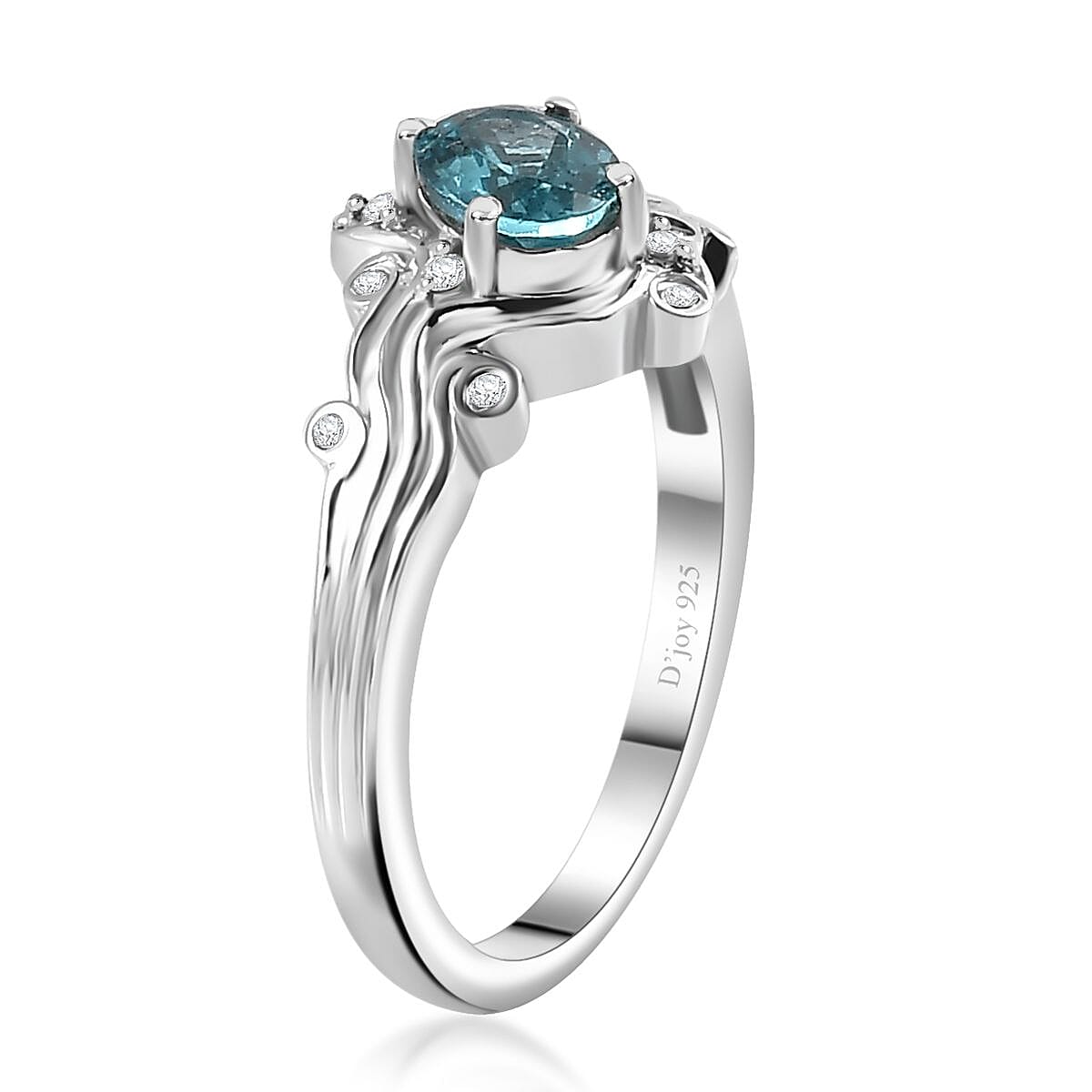 Betroka Blue Apatite and White Zircon Ocean Wave Ring in Rhodium Over Sterling Silver (Size 5.0) 0.90 ctw