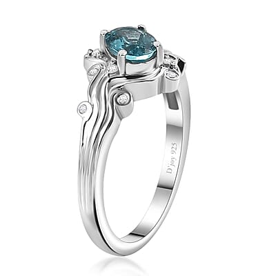 Betroka Blue Apatite and White Zircon Ocean Wave Ring in Rhodium Over Sterling Silver (Size 5.0) 0.90 ctw