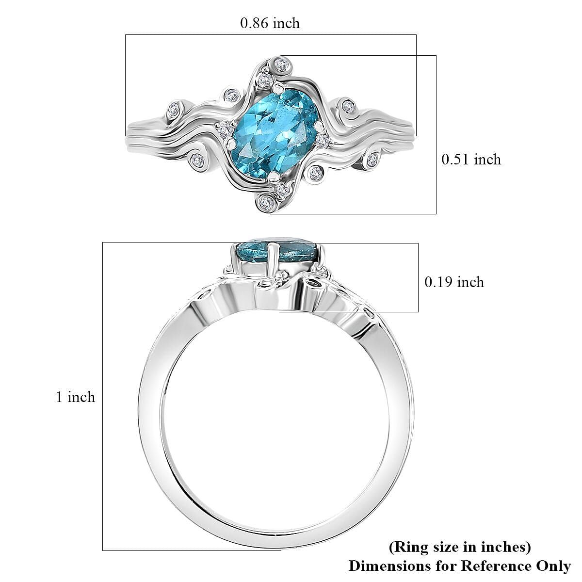Betroka Blue Apatite and White Zircon Ocean Wave Ring in Rhodium Over Sterling Silver (Size 8.0) 0.90 ctw image number 5