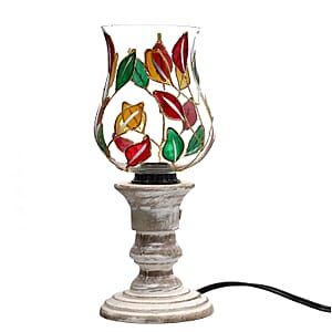 Multi Color Leaf Pattern Mosaic Glass Lamp with Handcraved Wooden Base