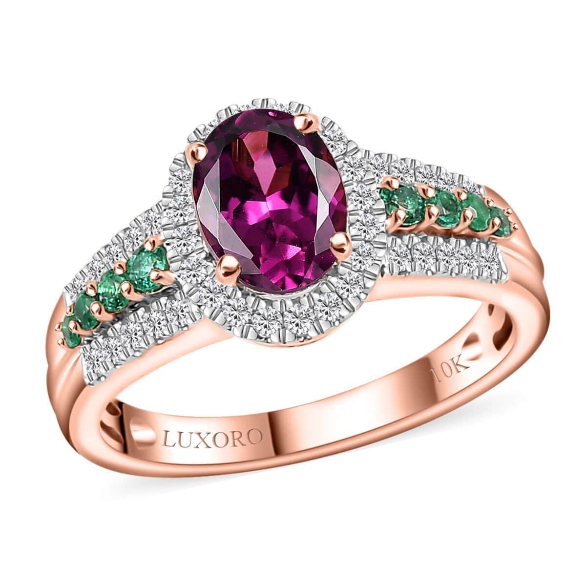 Certified & Appraised Luxoro AAA Radiant Ember Garnet, Boyaca Colombian Emerald and G-H I2 Diamond 1.93 ctw Ring in 10K Rose Gold (Size 6.0) image number 0