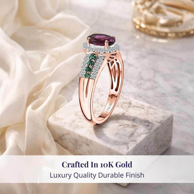 Certified & Appraised Luxoro AAA Radiant Ember Garnet, Boyaca Colombian Emerald and G-H I2 Diamond 1.93 ctw Ring in 10K Rose Gold (Size 7.0)
