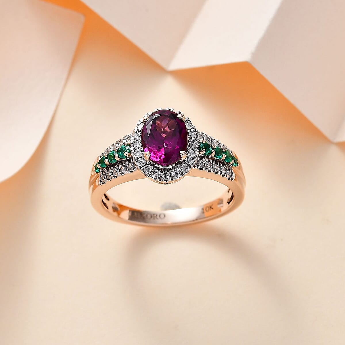 Certified & Appraised Luxoro AAA Radiant Ember Garnet, Boyaca Colombian Emerald and G-H I2 Diamond 1.93 ctw Ring in 10K Rose Gold (Size 8.0) image number 1