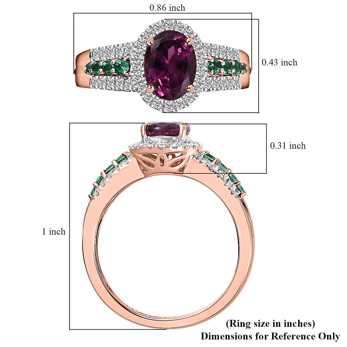 Certified & Appraised Luxoro AAA Radiant Ember Garnet, Boyaca Colombian Emerald and G-H I2 Diamond 1.93 ctw Ring in 10K Rose Gold (Size 8.0) image number 5