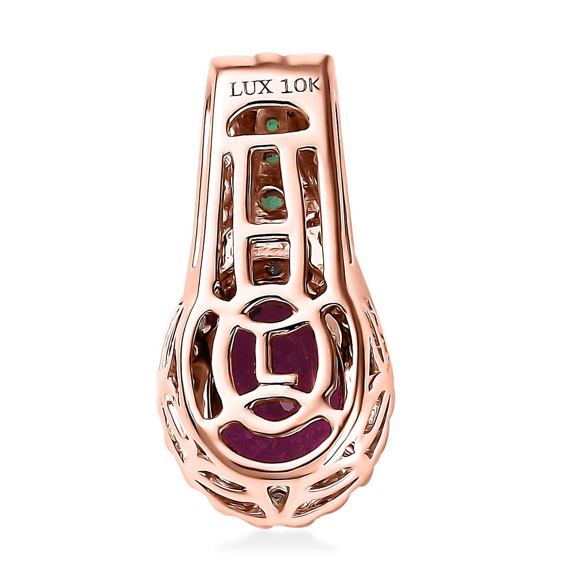 Certified & Appraised Luxoro 10K Rose Gold AAA Radiant Ember Garnet, Boyaca Colombian Emerald and G-H I2 Diamond Pendant without Chain 2.08 ctw