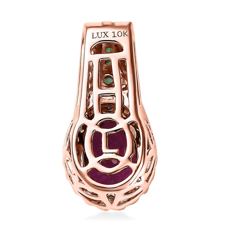 Certified & Appraised Luxoro 10K Rose Gold AAA Radiant Ember Garnet, Boyaca Colombian Emerald and G-H I2 Diamond Pendant without Chain 2.08 ctw