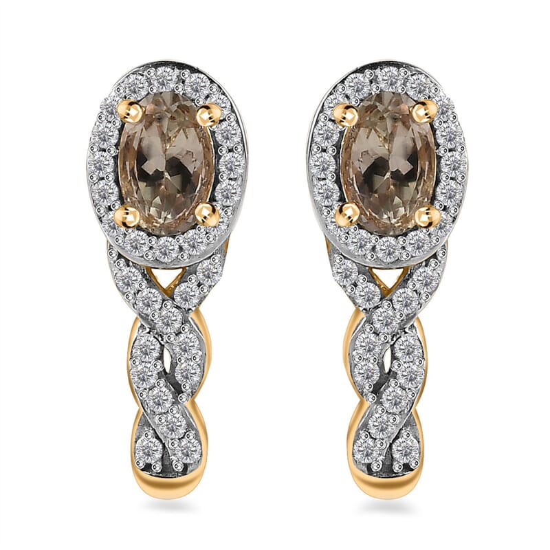 AAA Turkizite and White Zircon J-Hoop Earrings in 18K Vermeil Yellow Gold Over Sterling Silver 1.70 ctw
