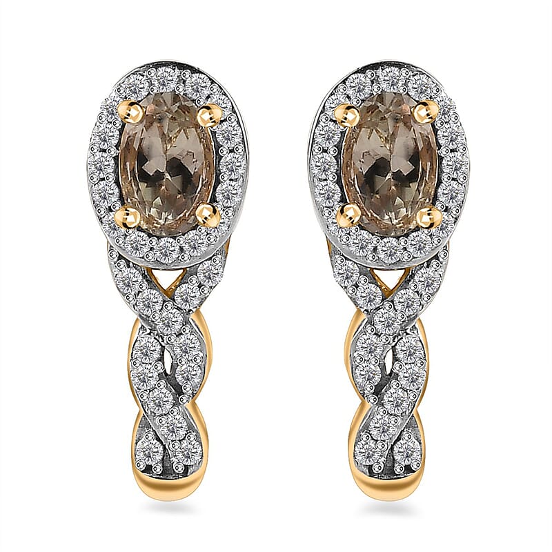 AAA Turkizite and White Zircon J-Hoop Earrings in 18K Vermeil Yellow Gold Over Sterling Silver 1.70 ctw