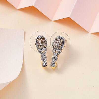 AAA Turkizite and White Zircon J-Hoop Earrings in 18K Vermeil Yellow Gold Over Sterling Silver 1.70 ctw